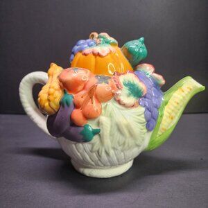 Vtg WCL Art Pottery Ceramic Raised Fruit Teapot Lid Painted Harvest Thanksgiving